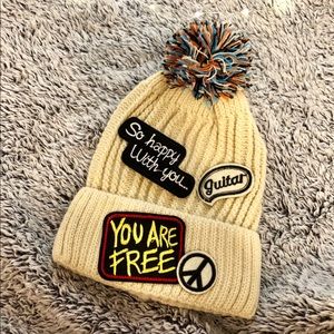 Beige Beanie with Pom Pom and Patches